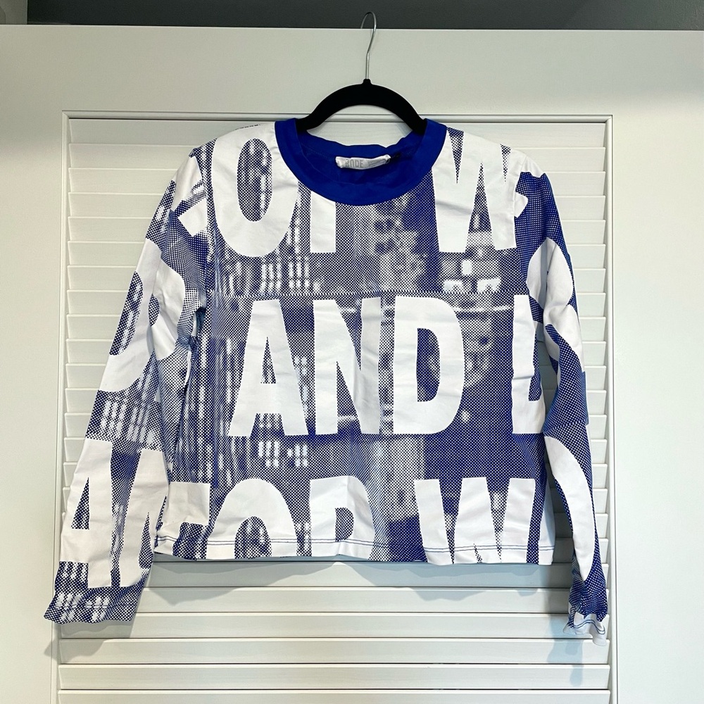 The Social Studio Large Graphic Abstract Long Sleeve Royal Blue White Tshirt